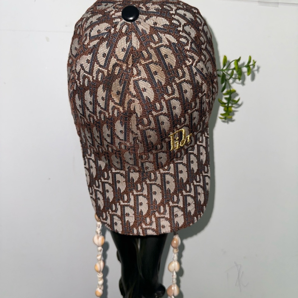 Dior Gold and Brown Monogram Hat with Braided Tassels